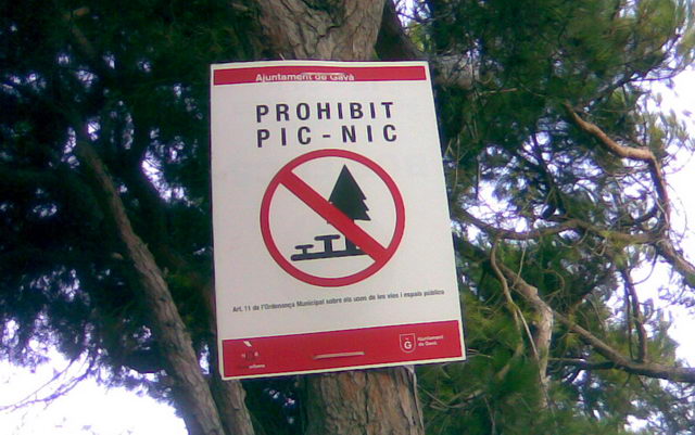 Cartel colgado por el Ayuntamiento de Gav cerca del parque infantil de Central Mar (Gav Mar) prohibiendo el pic-nic (4 de Agosto de 2009)